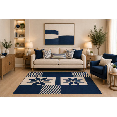 "Ultra léger" 5 pi x 7 pi Tapis moderne abstrait bleu crème et crème à motif minimaliste incurvé pour salon, chambre à coucher, salle à manger, envers en silicone antidérapant