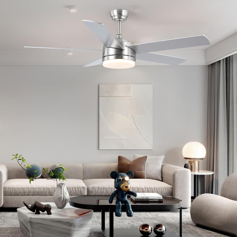 46" Modern Ceiling Fan With Lights And Remote Control, Nickel