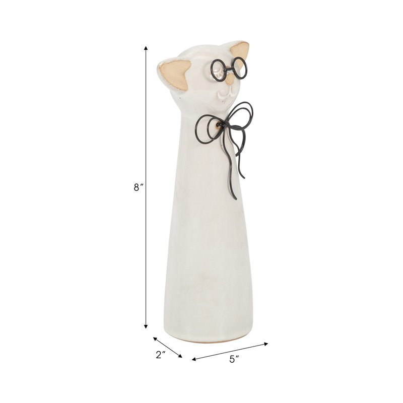 Adalye Stoneware and Metal Cat Figurine with Glasses and Bow - Modern Ceramic Animal Sculpture for Mantel, Shelf, or Tabletop - Whimsical Decorative Accent for Home or Office