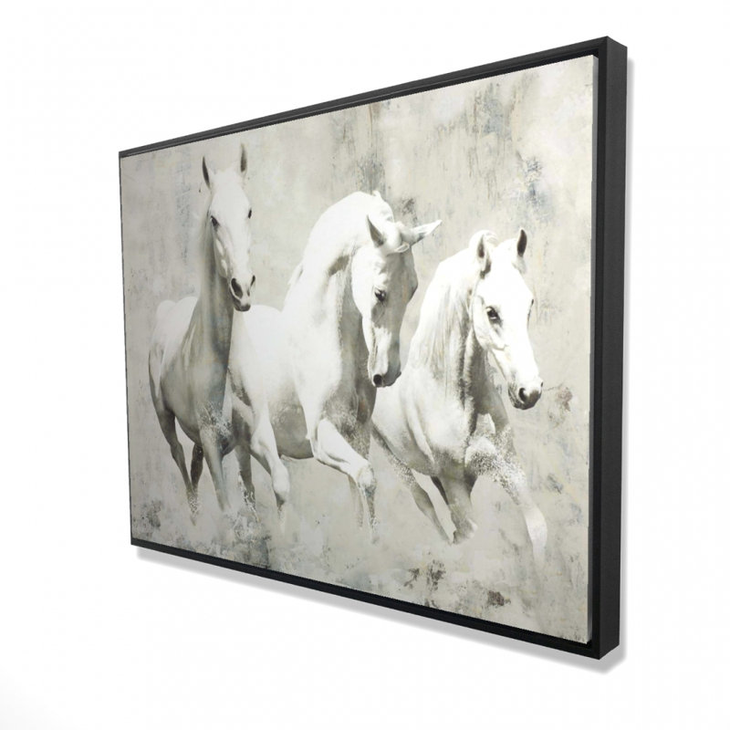 Trois chevaux blancs qui courent sur toile, H 48 po x l 36 po
