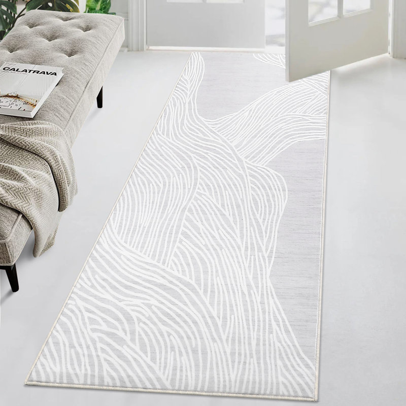 Washable Indoor Modern Abstract Area Rug Soft Low Pile Contemporary Throw Carpet Mat for Home Decor_White Black