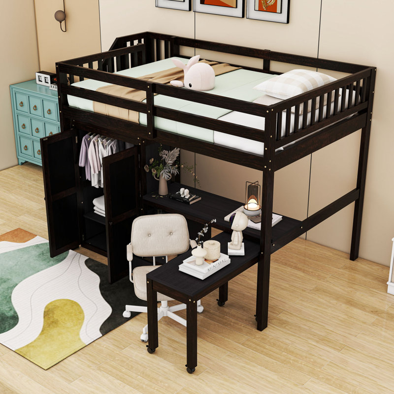 Lit mezzanine à deux tiroirs avec bureau intégré, tablettes de rangement et garde-robe, Double, Espresso