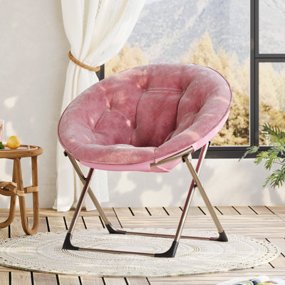 Folding Moon Chair, Pink Faux Fur Saucer Lounge Chair with Gold Legs for Bedroom & Dorm