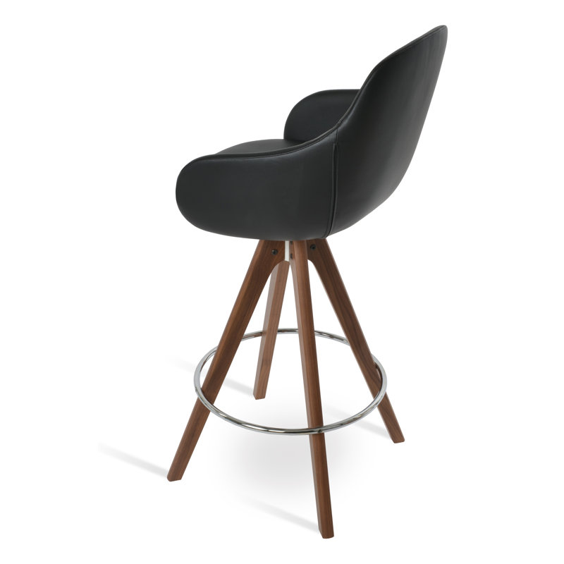 Tabouret de bar et de comptoir Gazel, Tabouret de bar (hauteur d'assise de 29,5 po), Noyer, Similicuir noir