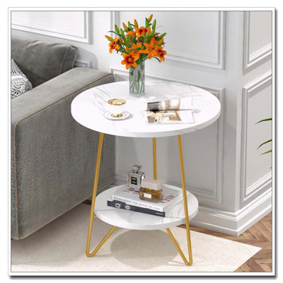 Faux Marble Two-Tier End Table with Dual-Tier Storage Design