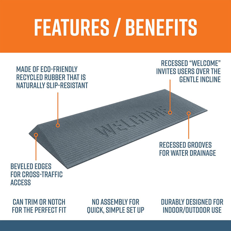 EZ-ACCESS TRANSITIONS 1.5" Rectangular Rubber Angled Welcome Entry Mat, Grey