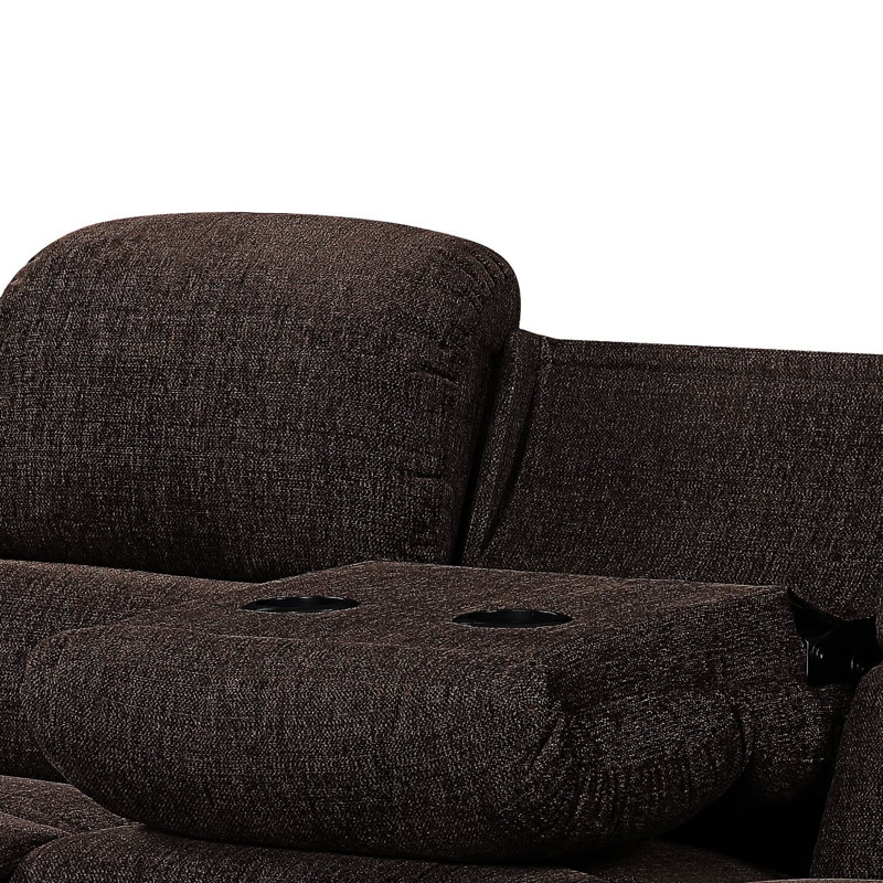 Chenille brune pour 3 personnes avec mécanisme d'inclinaison à mouvement, console avec porte-gobelet et siège rabattable, table de rangement, siège à ressorts ensachés et accoudoirs à ressort, loquet extérieur