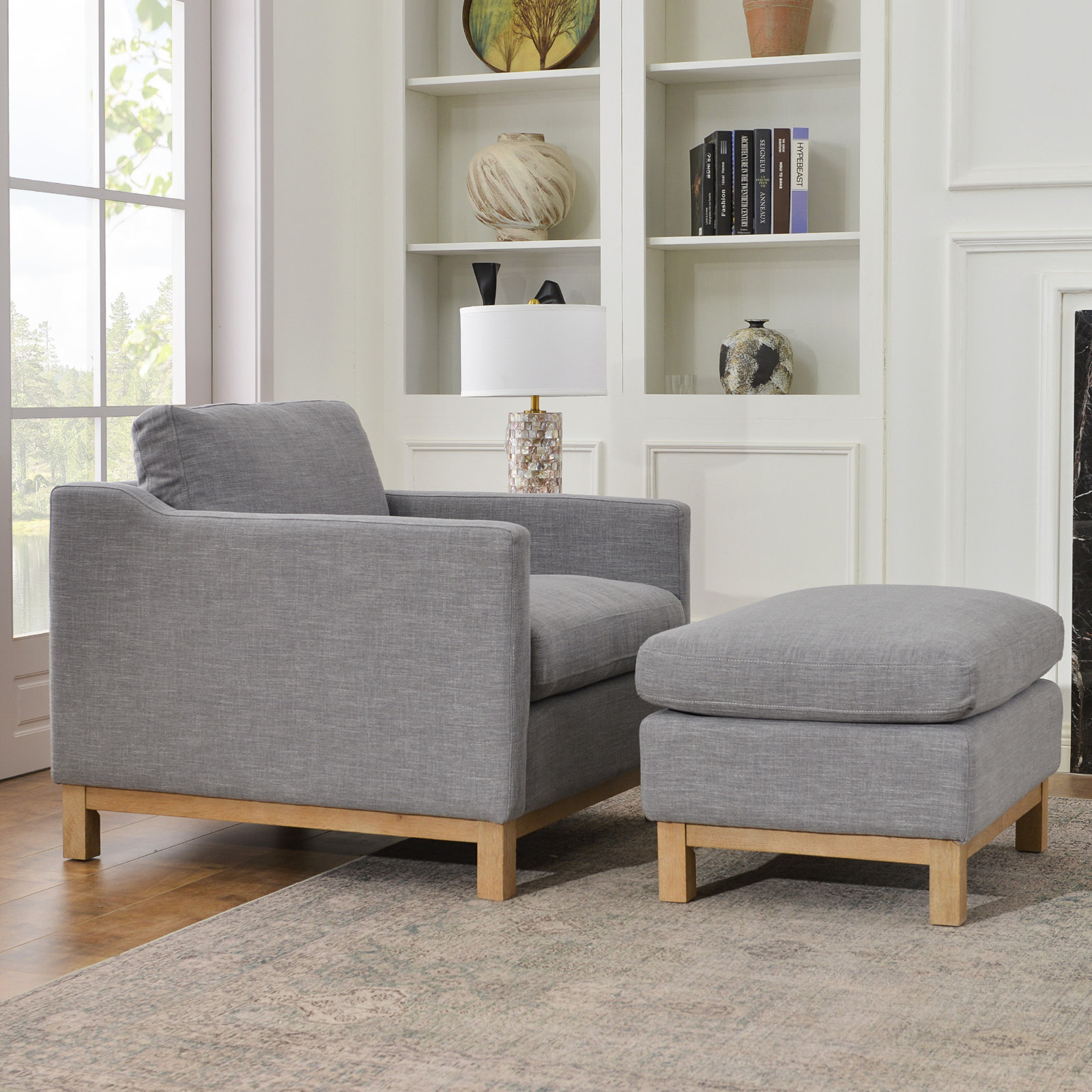 Down Filled Armchair with Ottoman, Coastal Fog