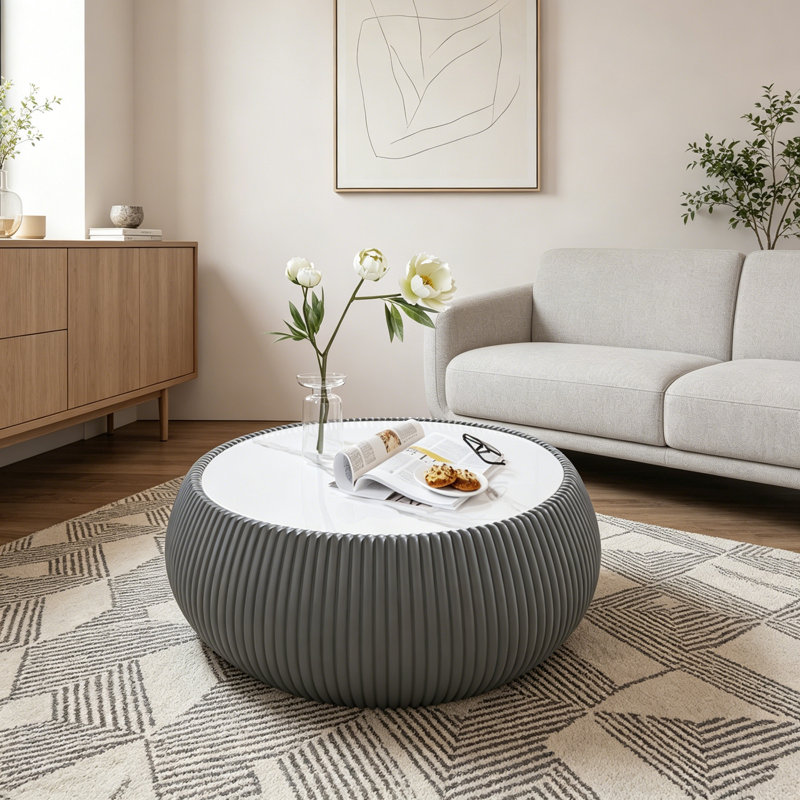 Table basse cylindrique avec base robuste, Gold,Grey+White