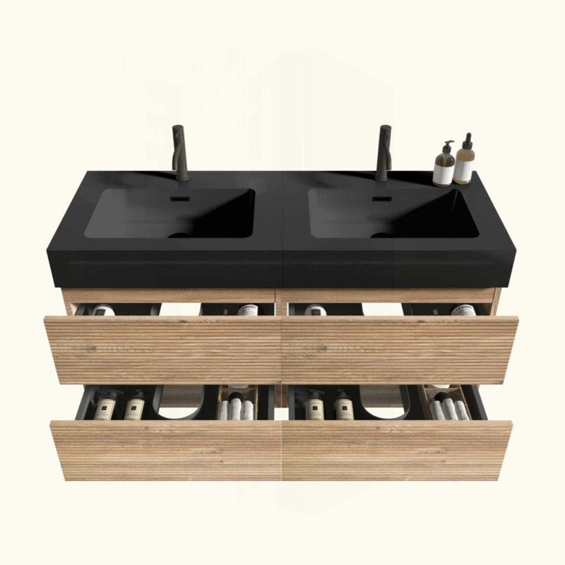 Meuble-lavabo de salle de bain avec lavabo en quartz d'ingénierie et tiroirs souples, meuble-lavabo mural flottant pour salle de bain moderne, lavabo une pièce mat, KD