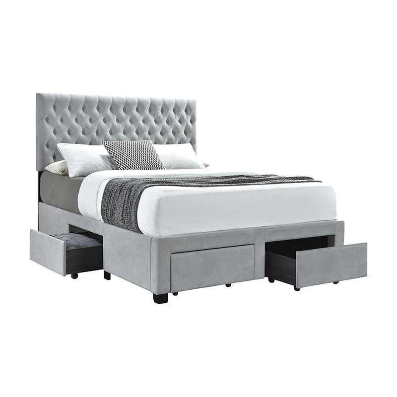 Grand lit avec revêtement gris et tête de lit avec rangement organisé, pour les essentiels