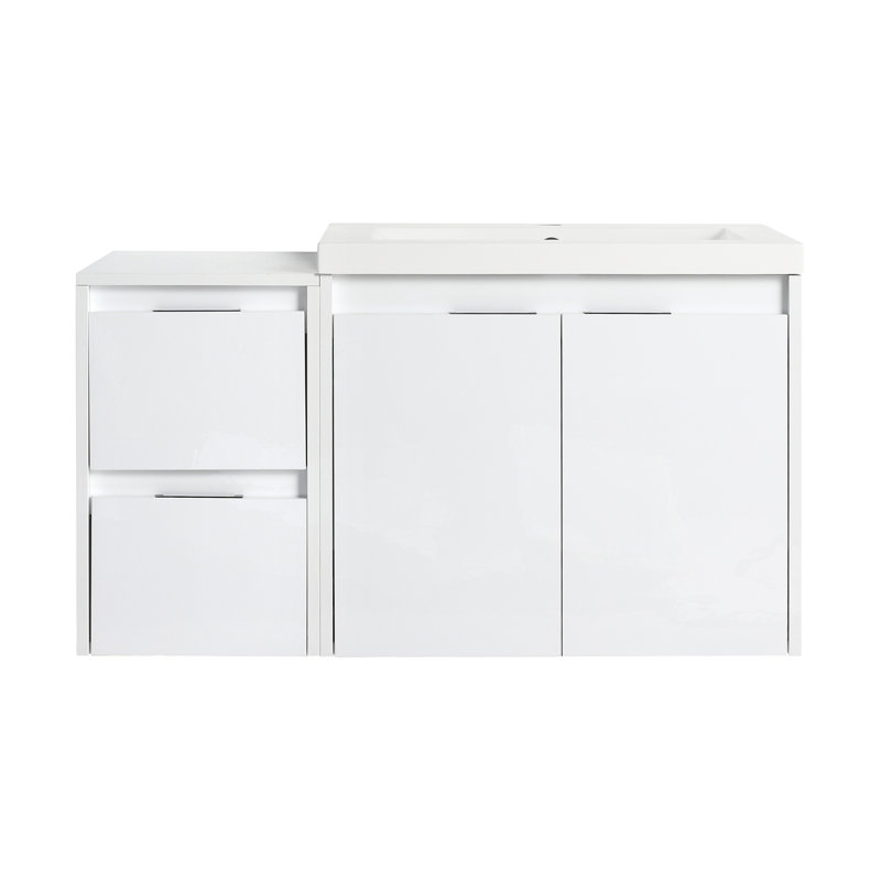 Meuble-lavabo de salle de bain avec lavabo en résine, 2 portes à fermeture douce et 1 armoire latérale, conception à fixation flottante, blanc brillant, contreplaqué (emballage KD)