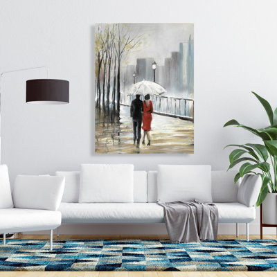 Couple Walking Under the Rain - Street Scenery Canvas Art