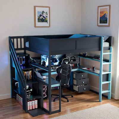 Lit mezzanine en bois d'inspiration Esports avec escalier de rangement, bureau, tablettes et panneau perforé