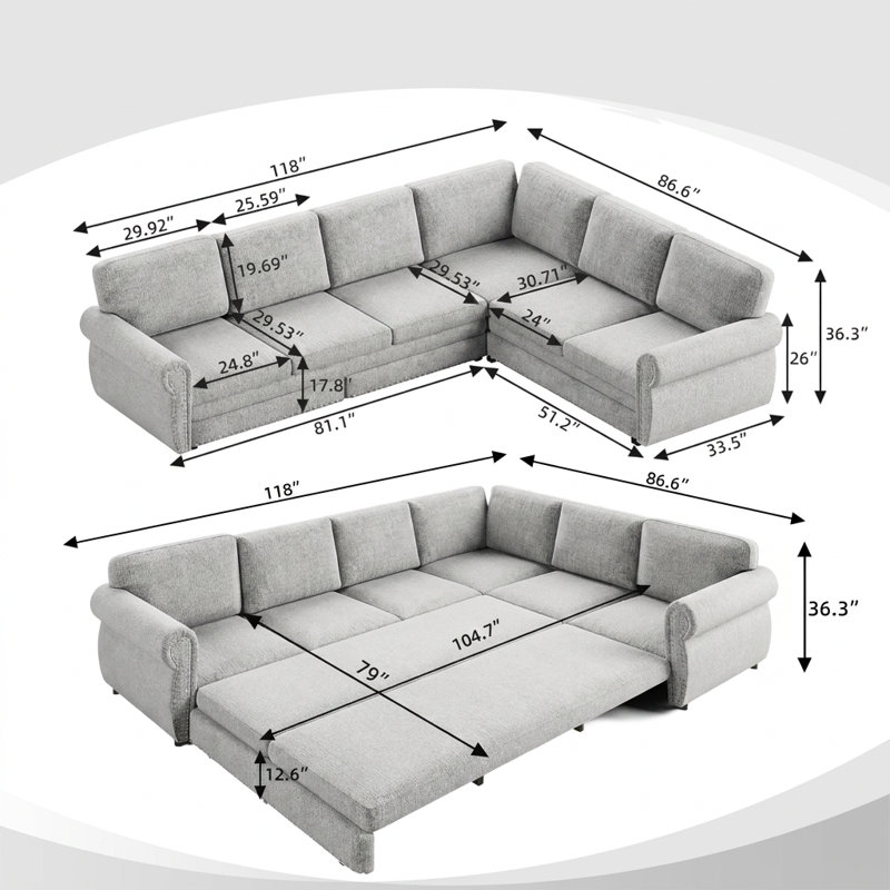 Canapé-lit modulaire en forme de L de 118 po avec lit escamotable, garniture cloutée et accoudoirs roulés de 118 po