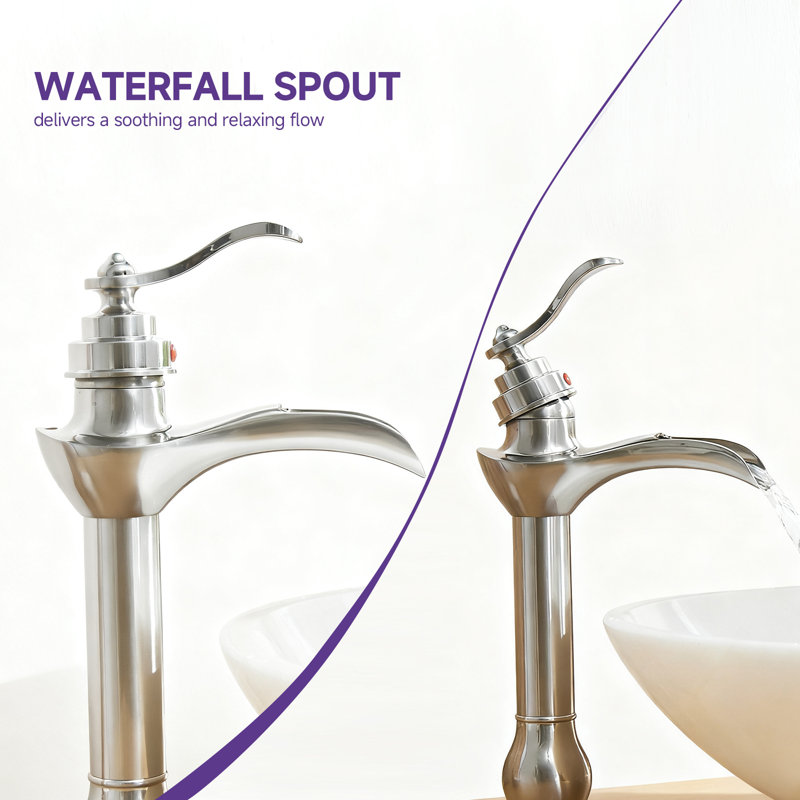 Veil  Waterfall Single Hole Single-Handle Vessel Bathroom Faucet Bathroom Faucet with Drain Assembly, Brushed Nickel