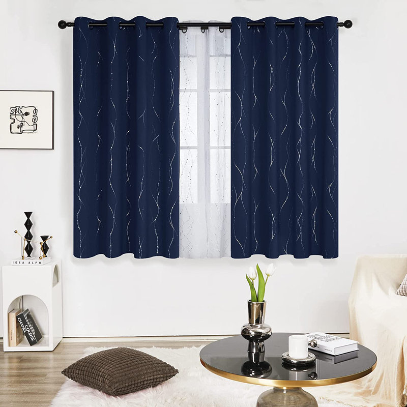 Senath Dotted Line Foil Printed Room Darkening Thermal Curtains, 140cm W x 229cm D, Navy Blue