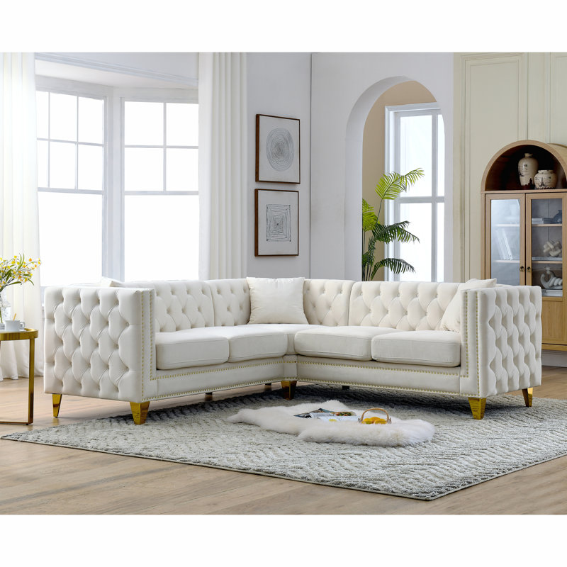 Stoughton L-Shaped Sectional Sofa with Cushions, Beige Velvet