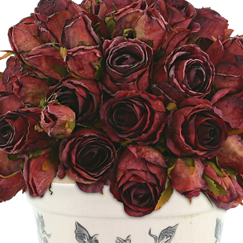 Dried Rose Bundle in Ceramic Pot, Dark Red