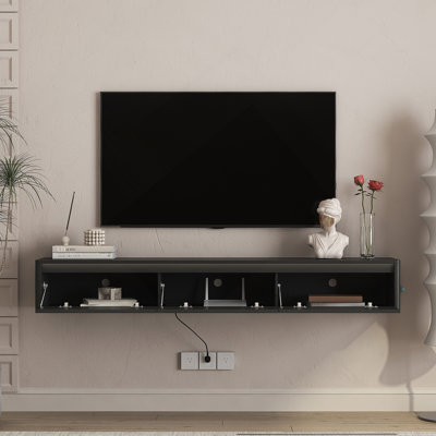 Meuble télé flottant, meuble télé mural avec lumières DEL et prise de courant, meuble télé ultrabrillant pour meuble télé noir pour le salon