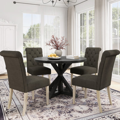 Exquisite 5-Piece Dining Set With Cross-Buck Round Table And 4 Tufted Chairs For Elegant Dining Experiences