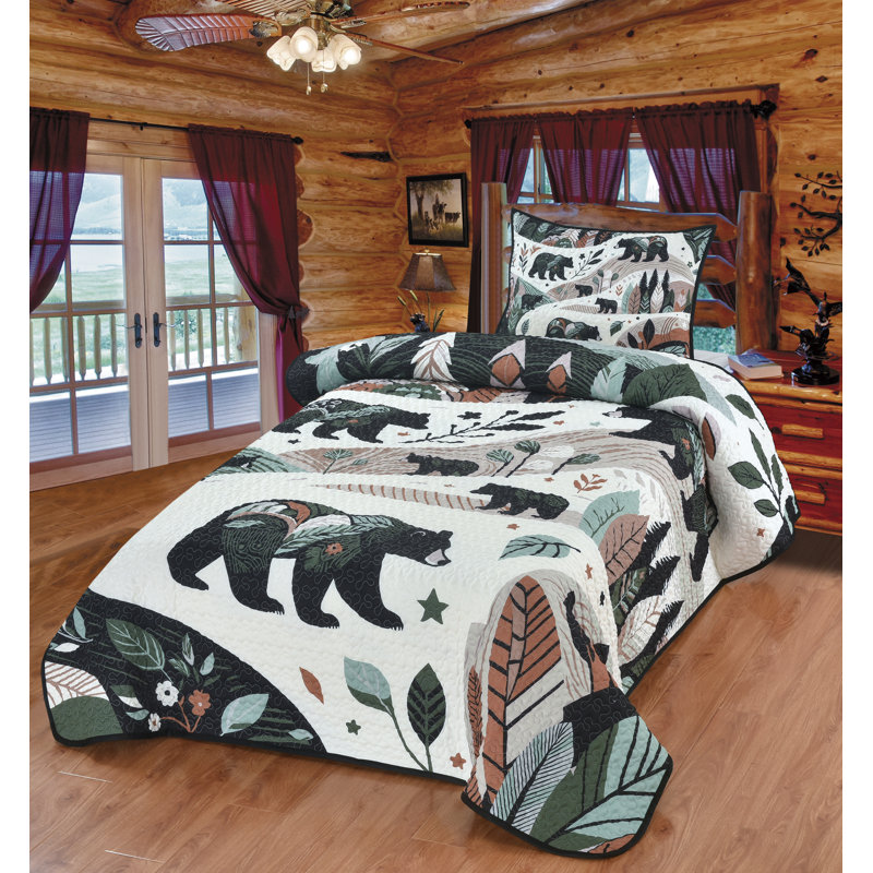 Ensemble de literie à motif de chalet Forest Life, Courtepointe pour lit simple + 1 taie décorative 