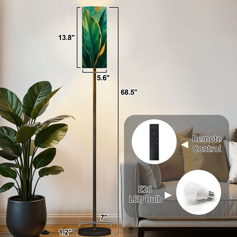 Lampe sur pied luxueuse art feuilles tropicales lignes bleues et vertes à intensité variable moderne avec télécommande et pédale abat-jour abat-jour haut lampadaire pour salon chambre bureau