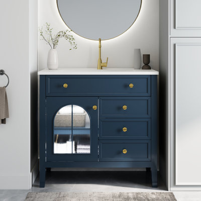 Meuble-lavabo bleu de style Mid-Century avec verre, armoire de rangement et détecteur de mouvement automatique avec lavabo intégré de 36 po, poignées en métal, durabilité à long terme