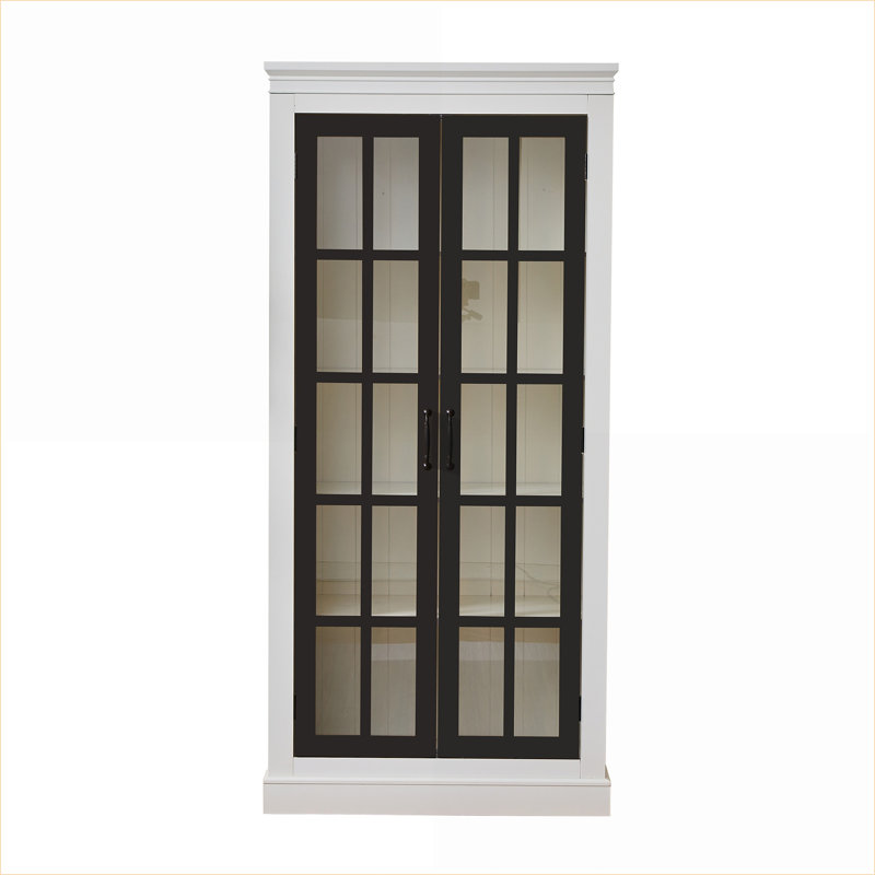 Cabinets | 71.2" Farmhouse Freestanding Display Curio Cabinet, 33" Wide, Off-White &amp; Black, Adjustable Storage Shelves, Tempered Glass Lattice Doors | Hallways | Farmhouse