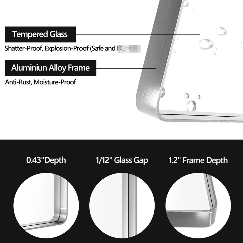 Miroir de salle de bain 30 po x 22 po en nickel brossé avec cadre en aluminium, vue dégagée du verre flottant HD, - Rouille et ensemble sécuritaire avec miroir de protection du cadre, verre assurant la vue, membrane en métal à l'épreuve du métal