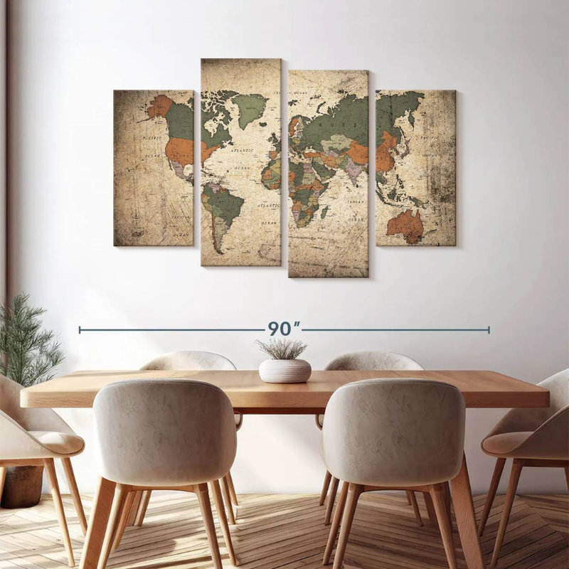 Éducative carte du monde IV, ensemble de 4 reproductions sur toile par Tess P, H 48 po x l 75 po x P 1,25 po