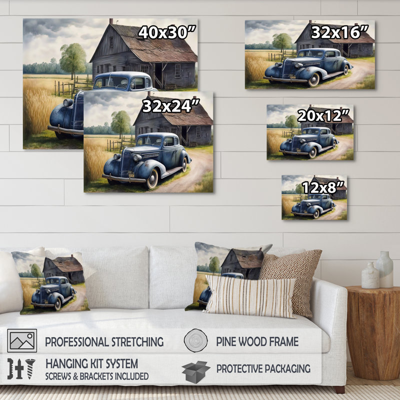 Vieille voiture bleue à la grange - peinture sur toile, H 12 po x l 20 po x P 1 po, Toile tendue