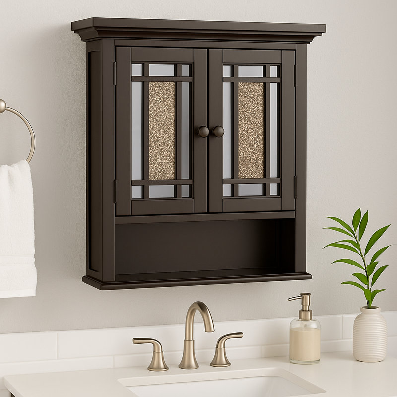 Caleb Removable Two-Door Wall Cabinet with Glass Mosaic Doors, Adjustable Shelf for Bathroom or Home Storage, Dark Espresso