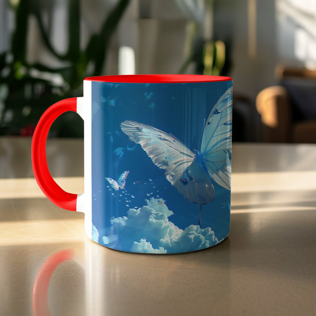 Butterfly Design 11oz Accent Mugs – White Ceramic Coffee Cup with a Red Handle and Interior