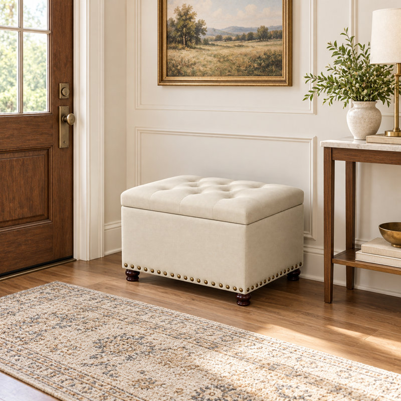 23.6"  Rectangular Upholstered Linen Storage Ottoman For Living Room, Light Khaki