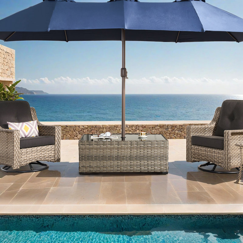 Emanuell Wicker / Rattan Outdoor Coffee Table With Umbrella Hole, Gray Wash