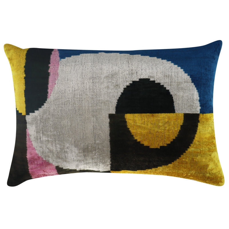 Coussin décoratif en velours à formes géométriques, Bleu / gris / jaune géométrique 1
