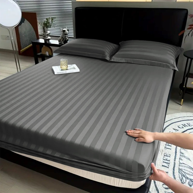 Aspire Homeware Luxury 40cm Deep Striped Fitted Sheet for Hotel Style Bedroom Comfort, Charcoal, Double (4'6)