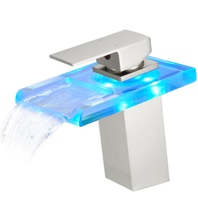 Hot Cold Water Mixer Bathroom Sink Faucet, Led 3 Colors, Waterfall Spout, Single Hole Deck Mount, Brushed Nickel One Mounted , Handle, Water, Cartridge Valve, Side , Ceramic Filler, Geometric Design,