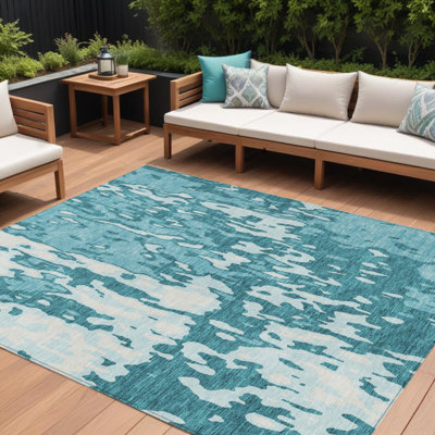 Tapis d'extérieur lavable abstrait bleu sarcelle et ivoire 10 pi x 14 pi