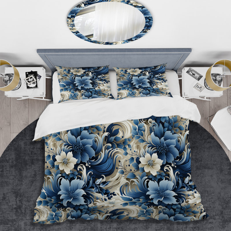 Ensemble de housse de couette romantique à volutes bleu cobalt victorien III