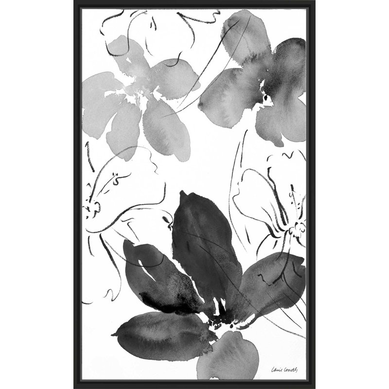 «Into Summer Black and White II», reproduction de peinture à l'aquarelle, H 33,5 po x l 21,5 po x P 2 po, Cadre flottant noir