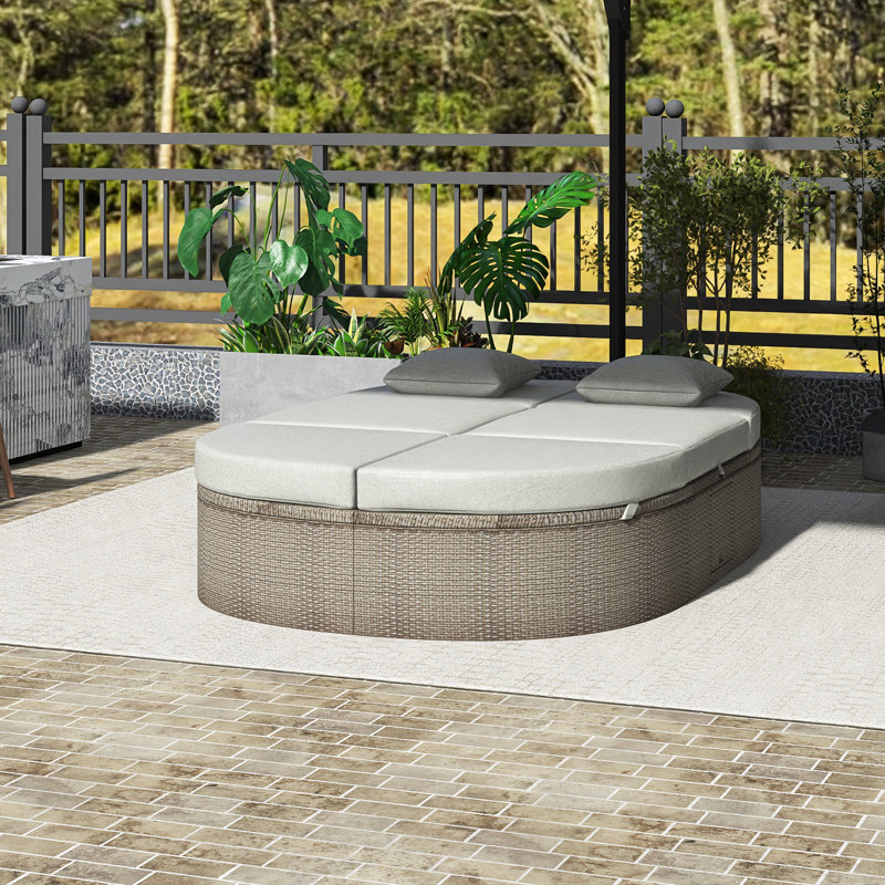 Outdoor Sun Bed Patio 2-Person Daybed In Gary | Cushions And Pillows | Rattan Garden Reclining Chaise Lounge |Adjustable Backrests And Foldable Cup Trays| PE Rattan+Iron+Waterproof Fabric | For Lawn And  Poolside
