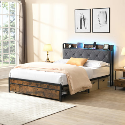 Structure de grand lit avec rangement, lumières DEL, tête de lit tapissier, 2 tiroirs, USB et station de charge, assemblage facile, gris