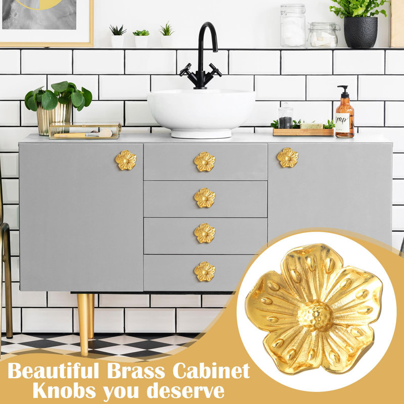 Paquet de 6 boutons d'armoire à fleurs Boutons de tiroir en laiton doré Poignées de style floral Poignées de quincaillerie d'armoire pour garde-robe de garde-robe de salle de bain