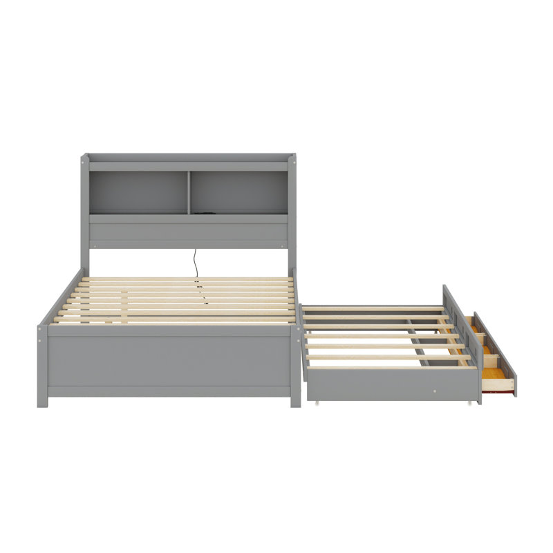 Lit plateforme avec lit gigogne, tiroirs et prises USB, Gris