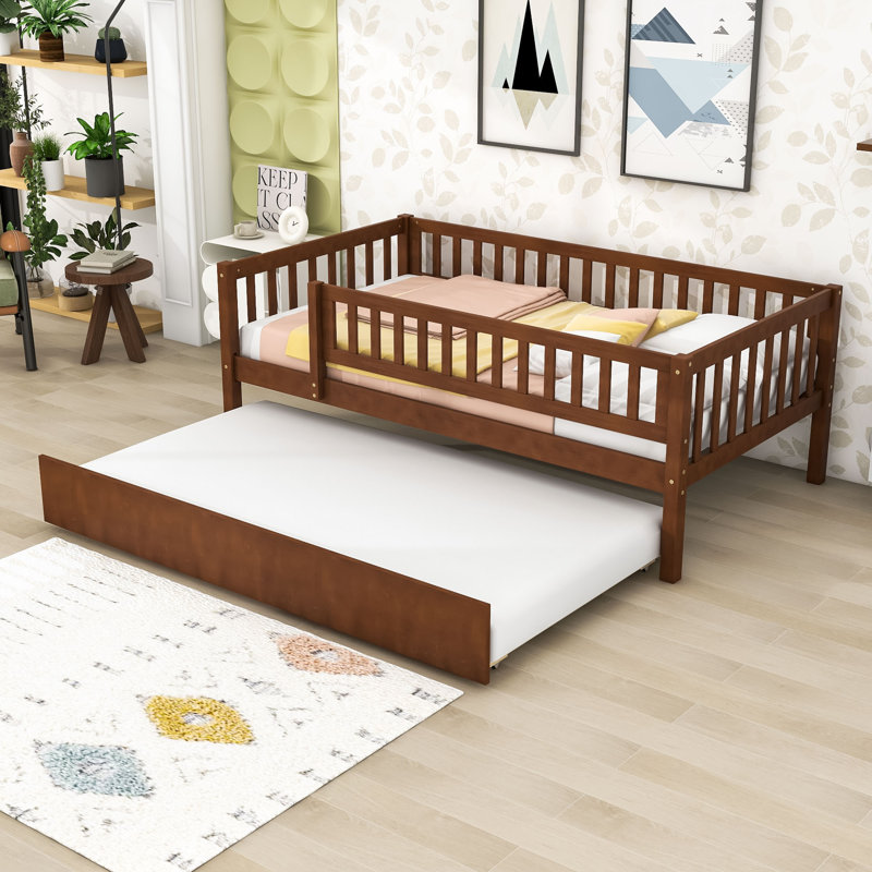 Wood Daybed with Twin Trundle and Guardrails, Walnut, Twin