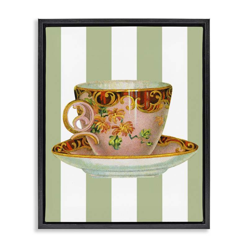 «Elegant Teacup on Green Stripes», art mural encadré sur toile flottante, design par Lil 'Rue, Cadre flottant noir de jais