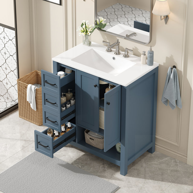 Bathroom Vanity with Sink, Two Doors, Two Drawers, Open Shelf, Solid Wood and MDF, Blue Grey