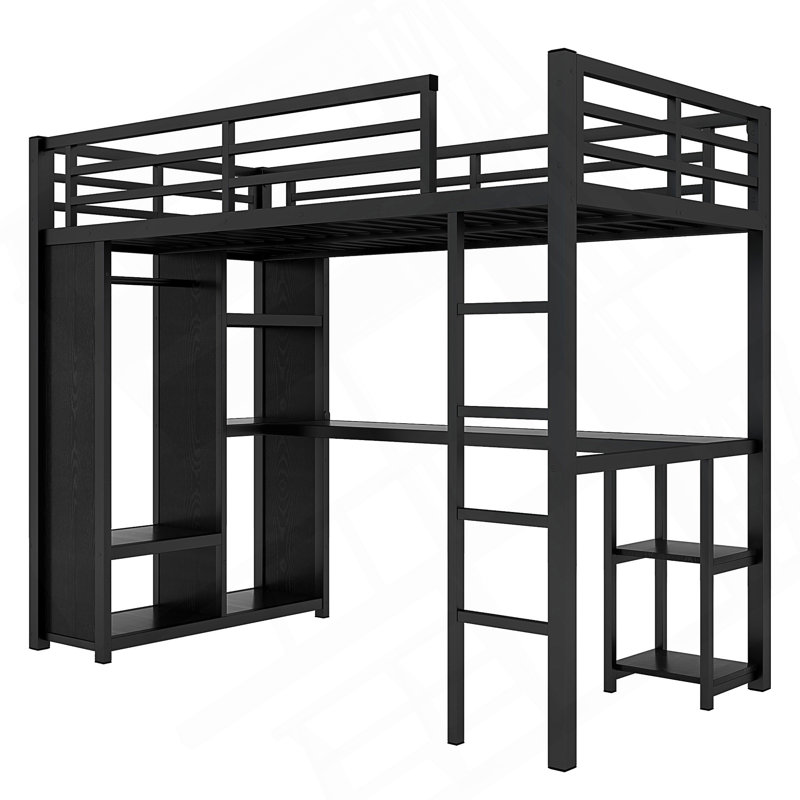 Structure de lit mezzanine avec garde-robe intégrée, lit mezzanine en métal avec bureau et tablettes de rangement